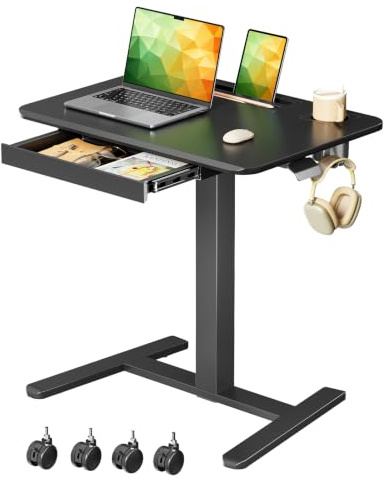 Gibbon Mounts 70x50cm höhenverstellbarer Schreibtisch mit Schublade, Rollen | Schwarz Mobiler stehpult mit Handyfach, Halter & Haken, 3cm flacher Sockel für enge Lücken, 4 bremsbare Räder als Ersatz inkl