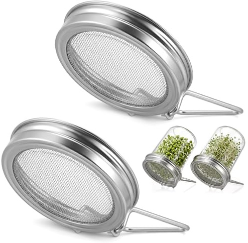 Thinp 2 Pack Sprouting Lids for Wide Mouth Mason Jars, Reusable Stainless Steel Screen Sprouting Jar Lids with Stands for Mung Bean Sprouts Growing Kit