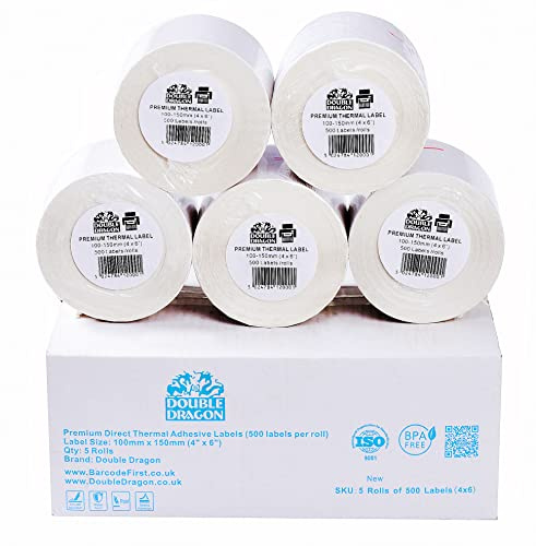Double Dragon Étiquettes Thermiques Premium de Haute Qualité, 5 Rouleaux de 100 mm x 150 mm (6 x 4) Étiquettes Blanches
