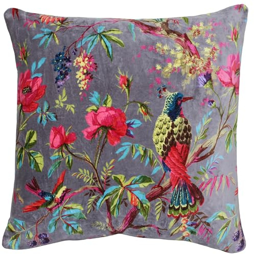 Paoletti Paradise Quadratischer Kissenbezug - Mink Bunter Vogel-Print Samtiger Baumwollstoff (50 x 50 cm, 1 Stück), Nerz
