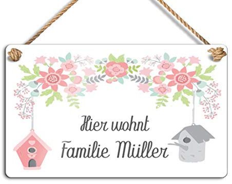 Schöne Türschilder für die Haustür | bedruckt mit Ihrem Wunschtext - UV-Druck/mit Kordel 20x12 cm bedruckte Namensschilder Klingelschilder mit Namen Herzlich Willkommen