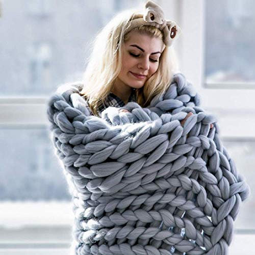 Fankr Grob gestrickte Kuscheldecke, Decke Handgefertigtes Chunky Gestrickte Wolldecke, Merino Wolle Garn Arm Stricken werfen, Haustier Bett Stuhl Sofa Grau 100×150cm