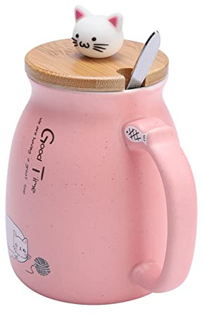 HERCHR Tasse de chat, tasse à thé, tasse à café en céramique mignonne avec une belle cuillère en acier inoxydable et couvercle en bois de chaton pour des amoureux de chat, 420ml