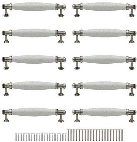 Rowiz 10PCS European Classic Style Handle with Screws | Ceramic + Alloy, Hole Centres 128 mm, Antique/Cream Crackle, Kitchen Door Handles, Cupboard Drawer Bedroom Furniture Handles