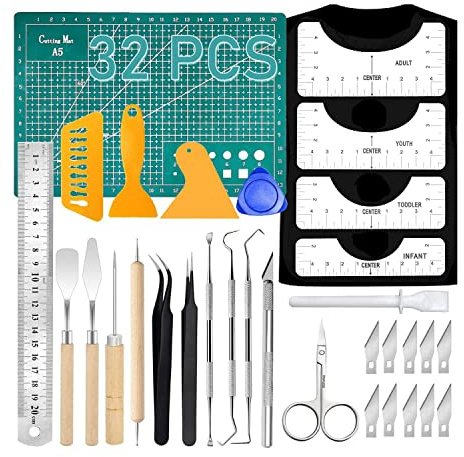 32 Vinyl Weeding Tool Kit with T-Shirt Guide Ruler Precision Craft Weeding Tools for Weeding Vinyl, Cameos, DIY Crafts Art Work Cutting, Hobby, Scrapbook, Sewing
