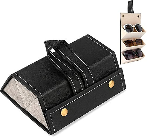 YANJINGHE Astuccio per Occhiali, Custodia per Occhiali a 3 Scomparti, Scatola Portaoggetti per Occhiali, Custodia Occhiali Pelle, Custodia Pieghevole Occhiali da Sole, per Donna, Uomo, Bambino (Nero)