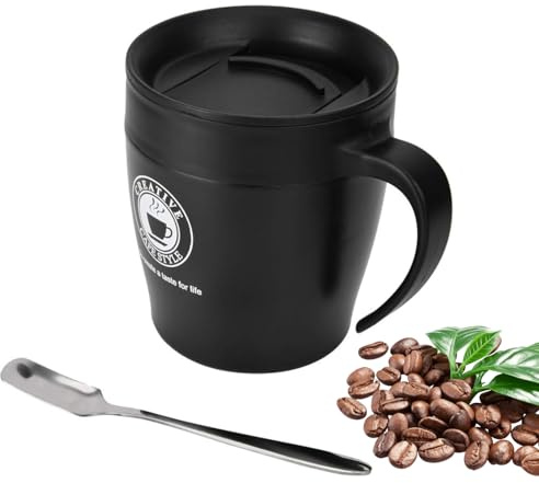 VIFERR Tasse à café avec poignée isotherme en acier inoxydable réutilisable tasse à café tasse à eau avec cuillère et couvercle pour voyage de bureau(le noir)