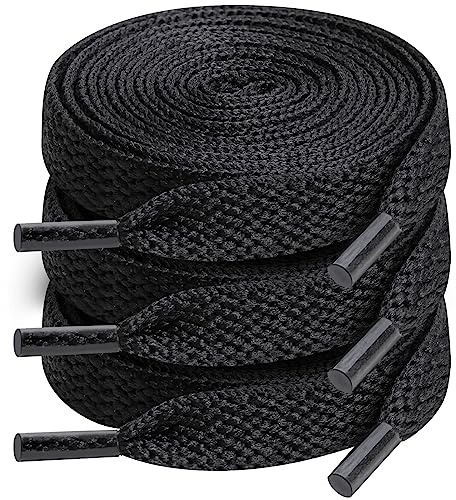 3 Pairs Flat Sneakers Laces 140cm Wide Replacements, Strong Round Shoelaces for All Brand Shoes, Trainers and Hiking Boots (Black)