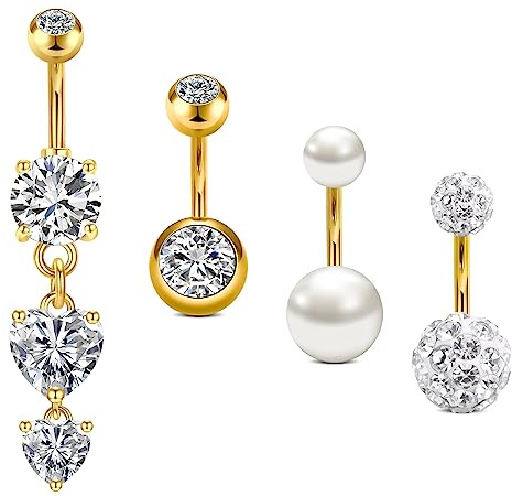 vcmart 4stk Bauchnabelpiercing 8mm Chirurgenstahl Bauchpiercing 14G Herz Piercing Bauchnabel Bauch Ring Schmuck Gold