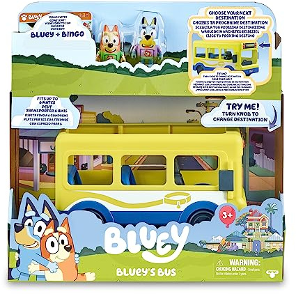 Bluey - School Bus, autobús para el Cole 2 Figuras con Bingo Personajes de la Serie de Dibujos inantil, Cartel con Destino de Ruta Giratorio, niños y niñas + 3 años, Famosa (BLY39010)