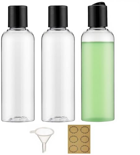 Apstaqeoo 3PCS 200ML Plastic Bottles with Disc Top Flip Cap Empty Squeeze Bottles Clear Refillable Travel Container Dispensing with Funnel & Label for Liquids Lotion Shampoo Toiletries Cosmetic