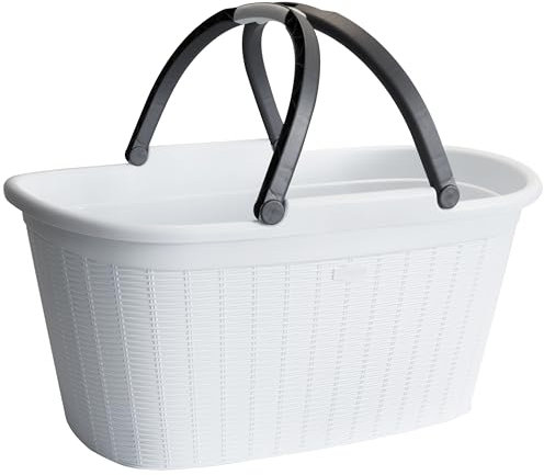 Hummelladen Wäschekorb 35 Liter weiß mit 2 Henkeln - 57,5x37x29 cm Rattan-Design ohne Löcher - Haushaltskorb Wäschewanne Tragekorb Wäschesammler Wäschesortierer Wäschebox - Aufbewahrung Kunststoff