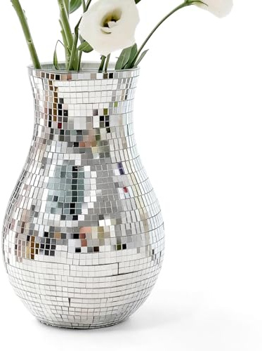 8.7 Disco Ball Flower Vase - Silver Mirrored Mosaic Vase for Centerpieces, Retro 70s Party Decor, Unique Funky Reflective Floral Container for Home, Wedding & Living Room Aesthetics