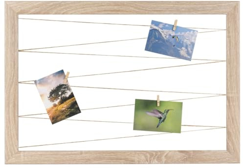 CLAMARO Bilderrahmen mit Juteband-Fotoleine, Eiche Sonoma, 70 x 50 cm | Neo Collage Line, 20 Holzklammern aus Echtholz, 38 mm breiter MDF-Rahmen, Metall-Wandhalterung für Hochformat