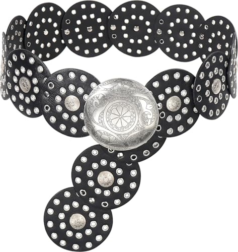Liutufy Breiter Scheibengürtel für Damen, Vintage, hohl, Boho-Ledergürtel, Westerngürtel, klobiger Taillengürtel, Cowboy-Metallschnalle, Concho-