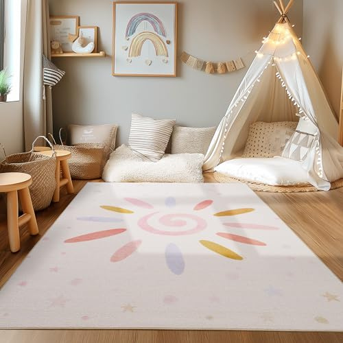 HomebyHome Kinderteppich Mehrfarbig 160x230 cm Sonne und Stern Design Modern rutschfest Waschbar Pflegeleicht Extra Weich Antiallergen Babyteppich Kinderzimmer Jungen Mädchen