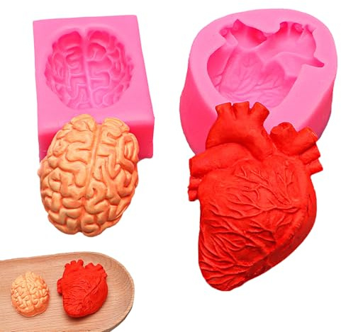 Eabdice 2 pièces Moules en silicone 3D en forme de cœur et de cerveau, Moule Forme du Cerveau Silicone, Humains Cerveau Forme Moule pour crème glacée, chocolat, pudding, savon