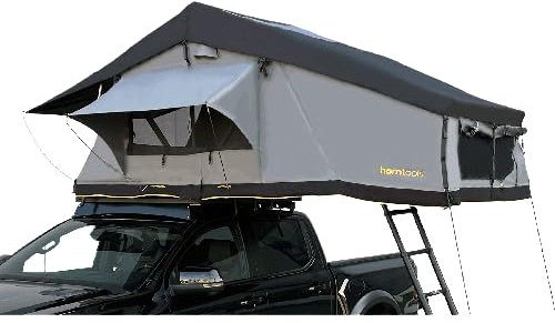 horntools Dachzelt Elements Stone–2-Personen Dachzelt–Wasserdicht,UV-beständig–Einfache Montage–Geeignet für Autos und SUVs–Campingausrüstung–inkl.Matratze,Leiter,Schutzhülle (Mit Vorzelt, 165 cm)