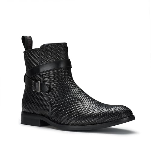Polar Fox Derrick Men's Jodhpur Style Ankle Boot | Stylish Dress Boot with Buckle Strap and Side Zipper | MPX806077A | in Woven Black, Size 12