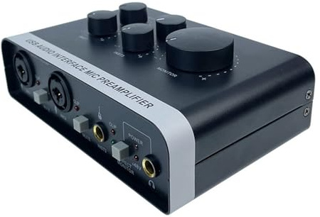 USB Audio Interface with Mic Preamplifier, 2 In 2 Out Professional Sound Mixer & Mic Preamplifier with 48V Power for Recording, 24 Bit 192kHz, XLR 1/4'' Jack for Podcasting