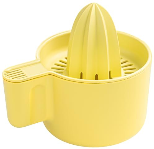 KONZEPT Zitronenpresse, Orangenpresse mit Behälter 500ml – Manuelle Saftpresse, Zitruspresse aus Kunststoff, mit Ausguss – ideal für Zitronen, Orangen, Limetten – Gelb