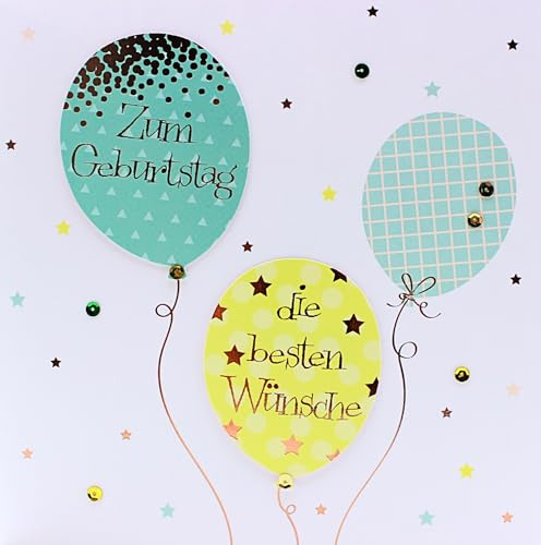 Geburtstagskarte mit Luftballons Motiv – große 21 x 21 cm Klappkarte mit Pailletten, Glitzer & schimmernder Schrift – inkl. Umschlag, Grußkarte Glückwunschkarte