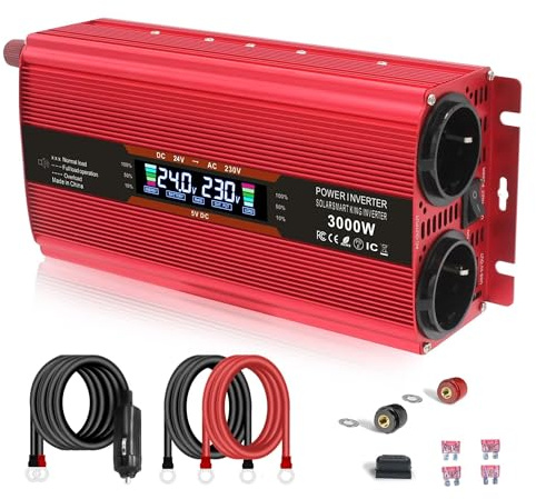 Convertisseur Convertisseur Puissance À Onduleur avec Écran LCD Prise UE 50Hz Puissance Crête 3000W 6000W Tension Sortie AC 220V 12V 24V Double Tension Transformateur(1500W-3000W Red)
