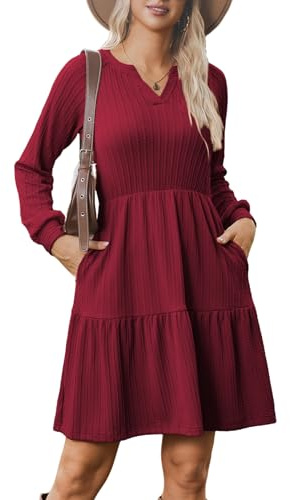Zeagoo Robe Automne Femme Manches Longues Col en V Maille Côtelée Élégante Coupe Trapèze avec Volants et Poches Rouge XL