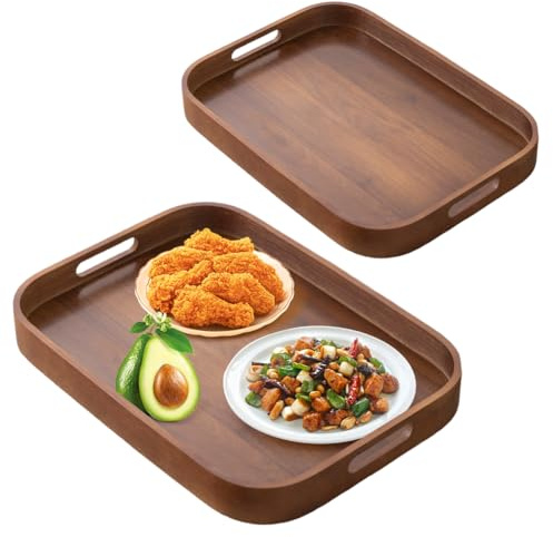 Set of 2 Holztablett Rechteckig mit Griff, Küchentablett, Tablett Serviertablett für Frühstück, Küchen, Cafés, Restaurants