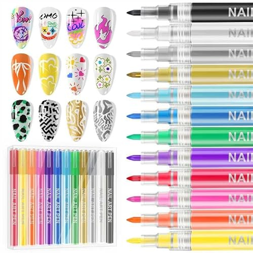 EBANKU 12 Färgad 3D Nagelkonstpenna Set, 0.7 mm Nagellackspennor Graffiti Och Målarpenna Akrylfärgspennor Teckning Målningspenna Linerpenna för Hemmasalong Snabbt Ngelkonst