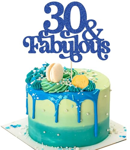 Ephlyn 1Pc 30 & Fabulous Cake Topper Glitter Thirty and Fabulous Cake Toppers Happy 30th Birthday Cake Pick for 30th Wedding Anniversary Birthday Party Decorations Supplies Blue