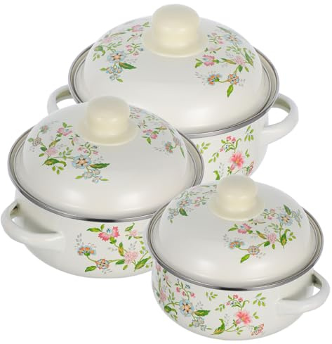 Alipis Enamelware Small Stock Pot Trio Set with Lid Floral Simmer Pot Double Handle Mini Saucepan Stove-Compatible Enamel Soup 16-18-20cm for Kitchen Cooking