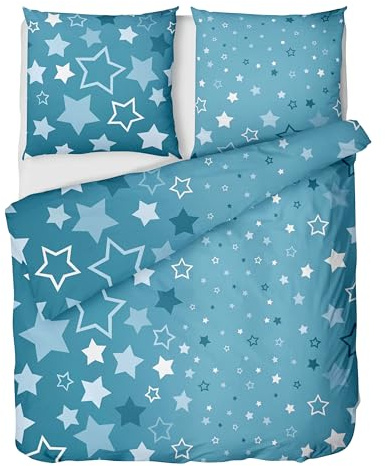LINKHOFF Biber Bettwäsche 135x200 Sterne - Kinder Fein-Biber Bettwäsche-Set Blau, 100% Baumwolle, Reißverschluss, Kinderbettwäsche, Mädchenbettwäsche
