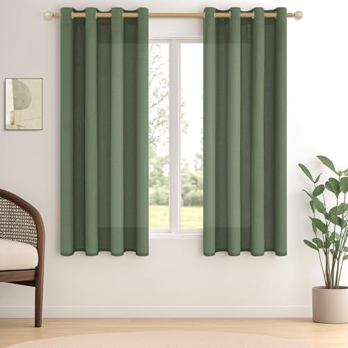 MRTREES Cortinas Dormitorio Cortas para Cocina Ventanas 2 Piezas 140x145 CM, Cortinas Lino Translúcidas con Ojales Cortina Visillo para Comedor Habitacion Salon, Verde Oliva