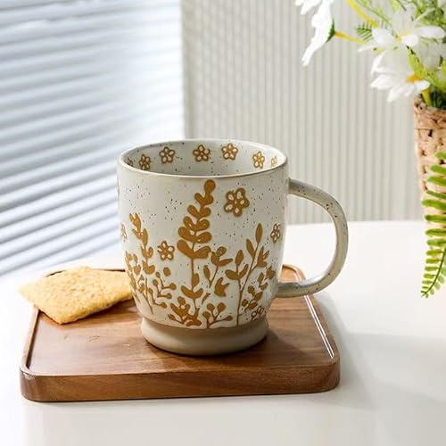 MACHUMA Vintage Stoneware Relief Design Mug, 500ml Large Ceramic Cup for Coffee, Tea, Breakfast, Retro Kitchen Home Decor and Festival Gift (Orange Blossom)
