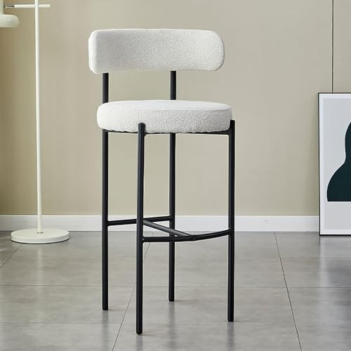 Hög Matstol I Metall, Flanellsits, Klädd Barpall Med Ergonomisk Rygg Och Halkfria Fotstöd(White,77cm high)