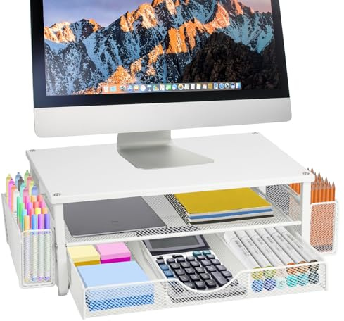 Monitor Ständer mit 2 Ebenen, Monitorständer mit Schublade, Schreibtisch Organizer, Metall Druckerständer, 2 Stöckiger Computer Monitor Erhöhung, Monitorerhöhung mit Stifthaltern für Laptop, Computer