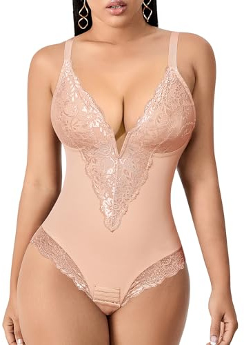 YARRCO Body Gainant Femme Ventre Plat String Gaine Amincissante Body Sculptant Bodysuit Shapewear Col V Dentelle Corset Minceur Lingerie Camisole Top avec Bretelles Réglables Invisible (Beige,M)