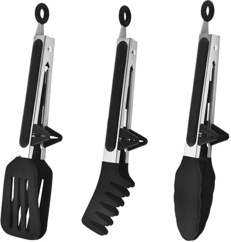 Kökstång 3 st silikon - repar inte grytor, 27 cm med stativ, grill- och pastatång kökstång rostfritt stål, salladstång