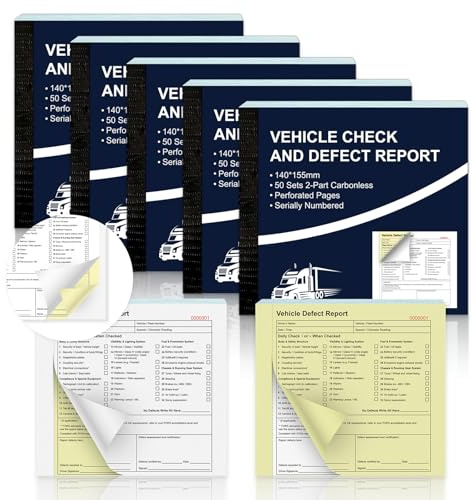 5 Pack Vehicle Check and Defect Report Books 2 Part 50 Sets Carbonless Duplicate Pages Continuous numbering Car Service Booklet for HGV LGV PCV Trucks Van Lorries 250gsm Paper Cover 140 x 155mm