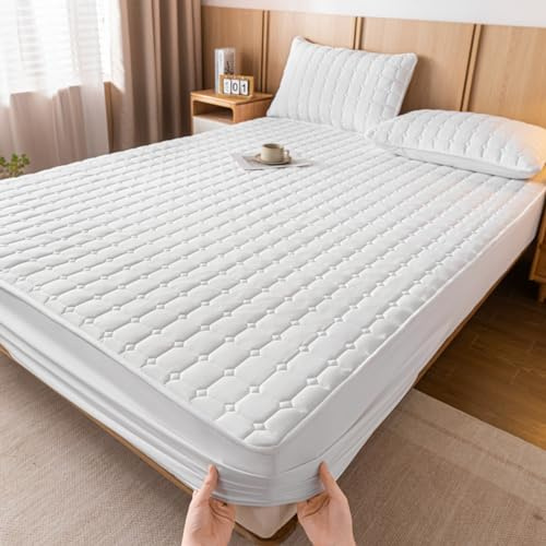 Protector de colchón Grueso de 120x200cm +30cm, Juego de 3 sábanas Ajustables, Tela de Rizo Suave, Borde elástico Completo, Blanco, Impermeable, Transpirable, antiácaros.