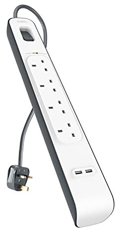 Belkin Extension Lead with USB Slots x 2 (2.4 A Shared), 4 Way/4 Plug Extension, 2m Surge Protected Power Strip - White