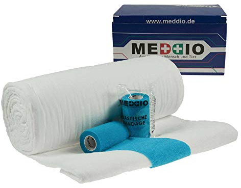 maDDma Mullwatterolle 40x500cm + 12 Haftbandagen 10cm hellblau Hufverband Verbandwatte