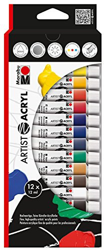 Marabu 1220000000090 - Artist Acryl Sortierung Set, feine Acrylfarbe in Künstlerqualität, auf Wasserbasis, pastose Konsistenz, hoch pigmentiert, sehr gute Brillanz und Deckkraft, 12 x 12 ml