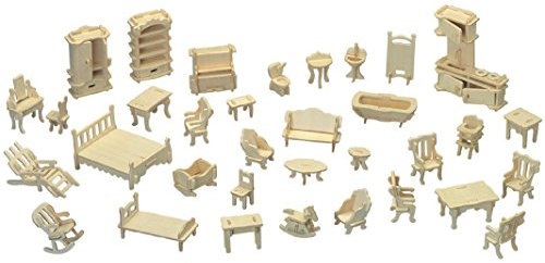 Cute Room Holz-Puppenhaus-Möbel – 34 Stück – geeignet für Puppenhaus, Hellbraun