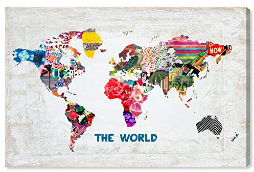 The Oliver Gal Artist Co. Maps and Flags Wall Art Canvas Prints 'Hipster Mapa Mundi' Home Décor, 15 x 10, White, Pink