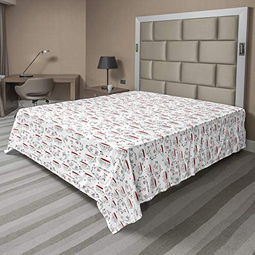Ambesonne Tea Party Flat Sheet, Doodle Style Crockery Illustration of Floral Patterned Kettles and Cups, Soft Comfortable Top Sheet Decorative Bedding 1 Piece, Queen Size, Red Black White