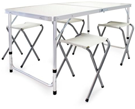 WilTec Kit Table de Camping Pliante, 1200 x 600 x 545 mm, avec 4 assises tabourets, Table Portable Blanche MDF/alu, réglable en Hauteur 54/61/70 cm, extérieur, BBQ, fêtes, Barbecue, Pique-Nique