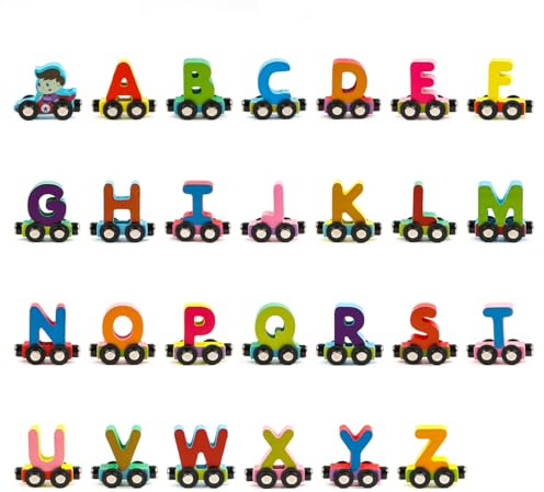 Wondertoys 27 PCS Wooden Train Set Magnetic Train Cars Alphabets Set with 1 Engine Toy Train Sets for Kids