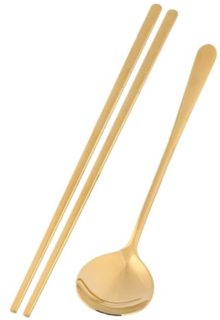 Koreanisches Besteck Set Gold, Edelstahl Essstäbchen und Löffel Set mit langem Griff, Flache Wiederverwendbare Essutensilien, Koreanische Essstäbchen für Zuhause Küche Restaurant Bar Alltag